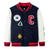 Baseballjas met kleurblokken en borduursels Aziatische maten “Marineblauw Wit Rood”