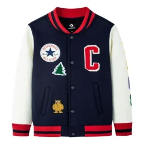 Baseballjas met kleurblokken en borduursels Aziatische maten “Marineblauw Wit Rood”