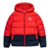 Donsjack met capuchon en fleecevoering met logobadge Aziatische maten “Rood Zwart”
