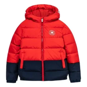 Donsjack met capuchon en fleecevoering met logobadge Aziatische maten “Rood Zwart”