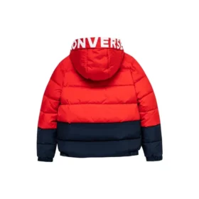 Donsjack met capuchon en fleecevoering met logobadge Aziatische maten “Rood Zwart”