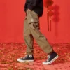 Effen broek met elastische taille Aziatische maten “Olijfgroen”