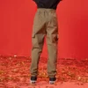 Effen broek met elastische taille Aziatische maten “Olijfgroen”